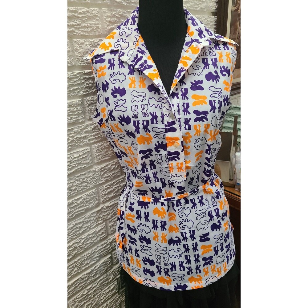 Vintage Shirt Top Women's 34 White Neon  Leightweight Made In Japan 70s With Tie